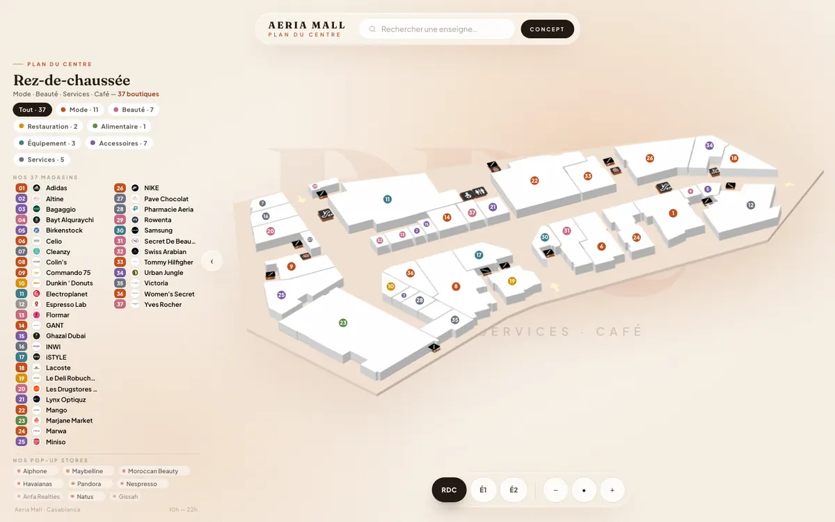 Aeria Mall interactive map: isometric view of the ground floor, numbered list of the 37 tenants, category filters and a level selector.