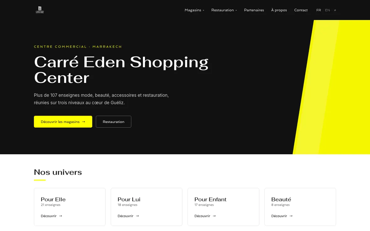 Carré Eden site rebuild: the Carré Eden Shopping Center headline, a mention of 107 tenants and the grid of shopping categories.